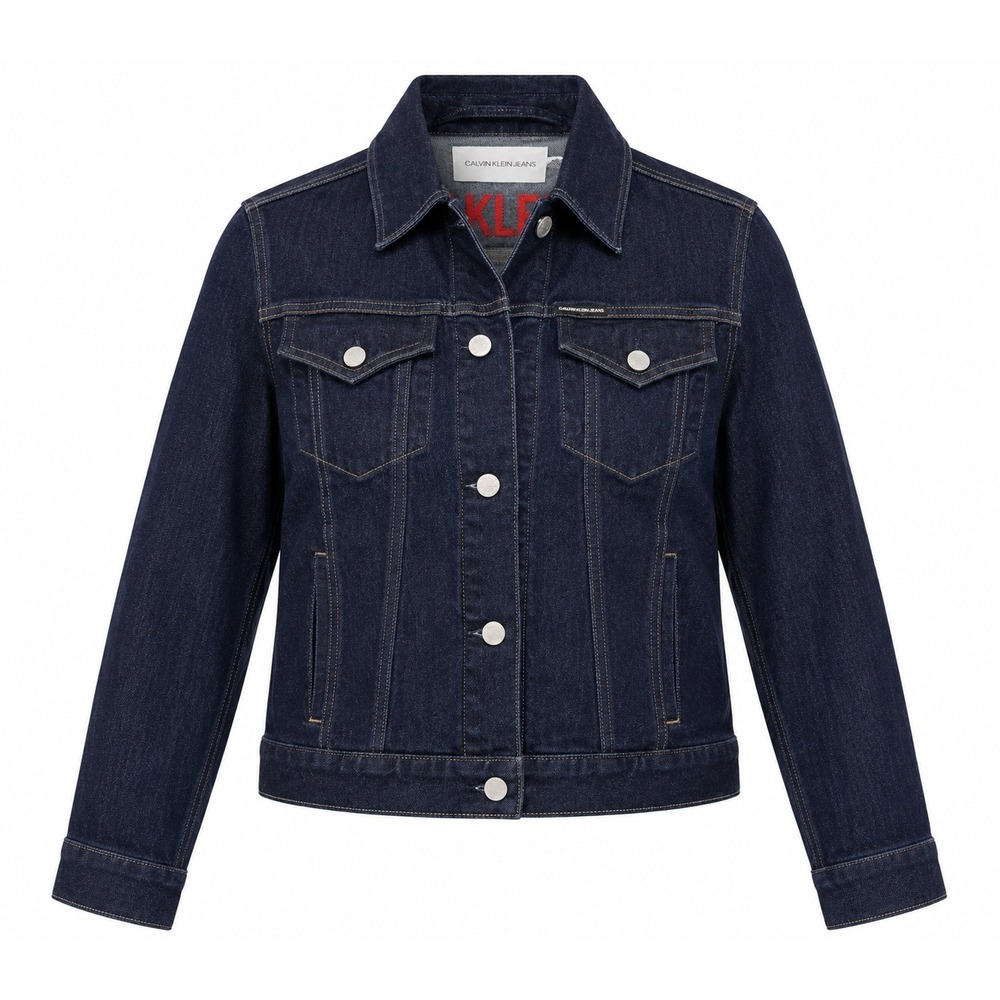 Calvin Klein Jeans Womens Small Dark Indigo Denim Trucker Jacket Red Logo Back